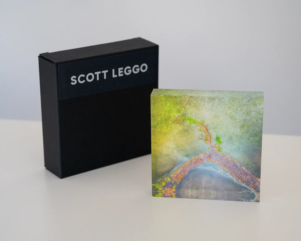 Divergent. Acrylic block of an aerial abstract view of Lake George, New South Wales, with gift box.