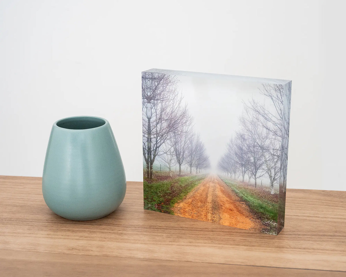 Down the Road. Acrylic block of a country road in fog, styled on a desk with a small vase.