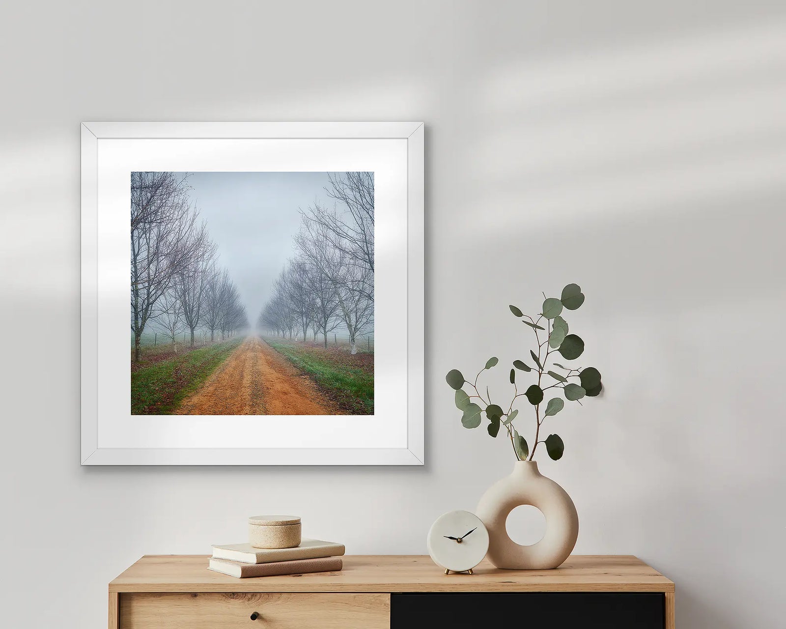 Framed wall art print of a country road in mist and fog during Winter, Alpine Shire. 