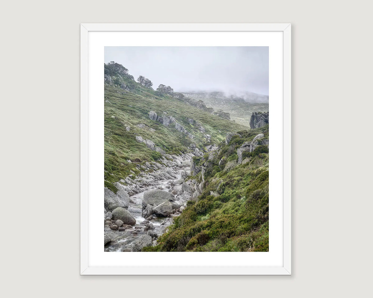 Framed photograph of grasslands and the Snowy River in mist and rain. 