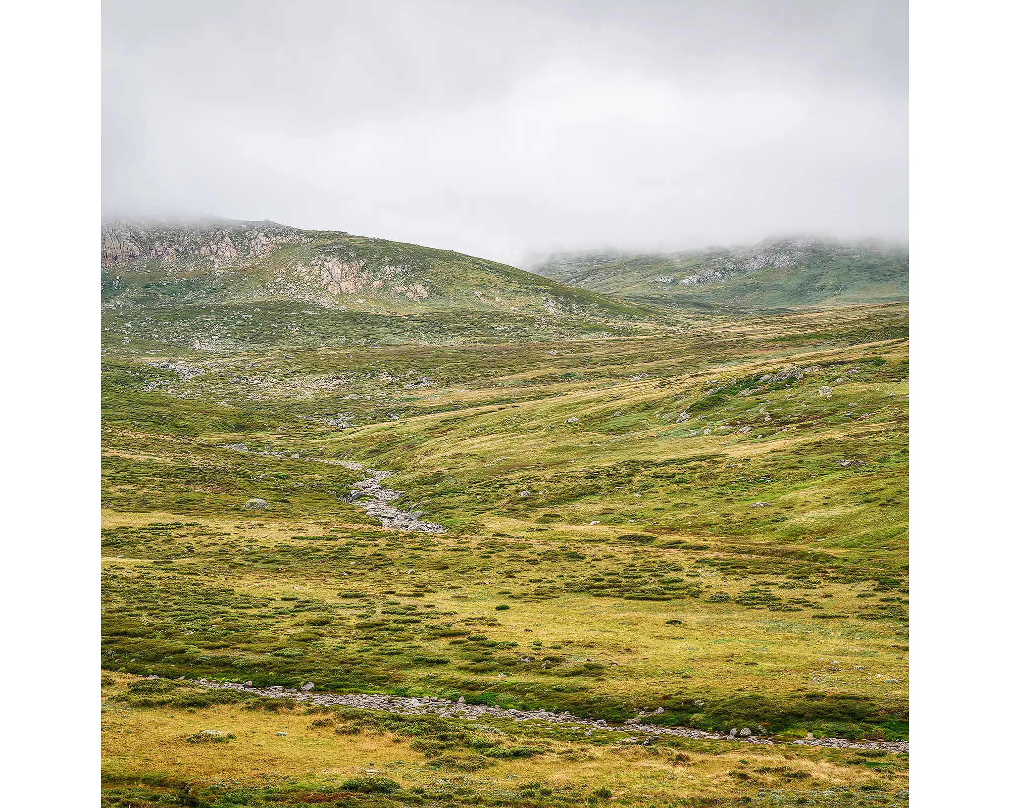 Drizzle - rain and cloud over Snowy River, Kosciuszko National Park, New South Wales.