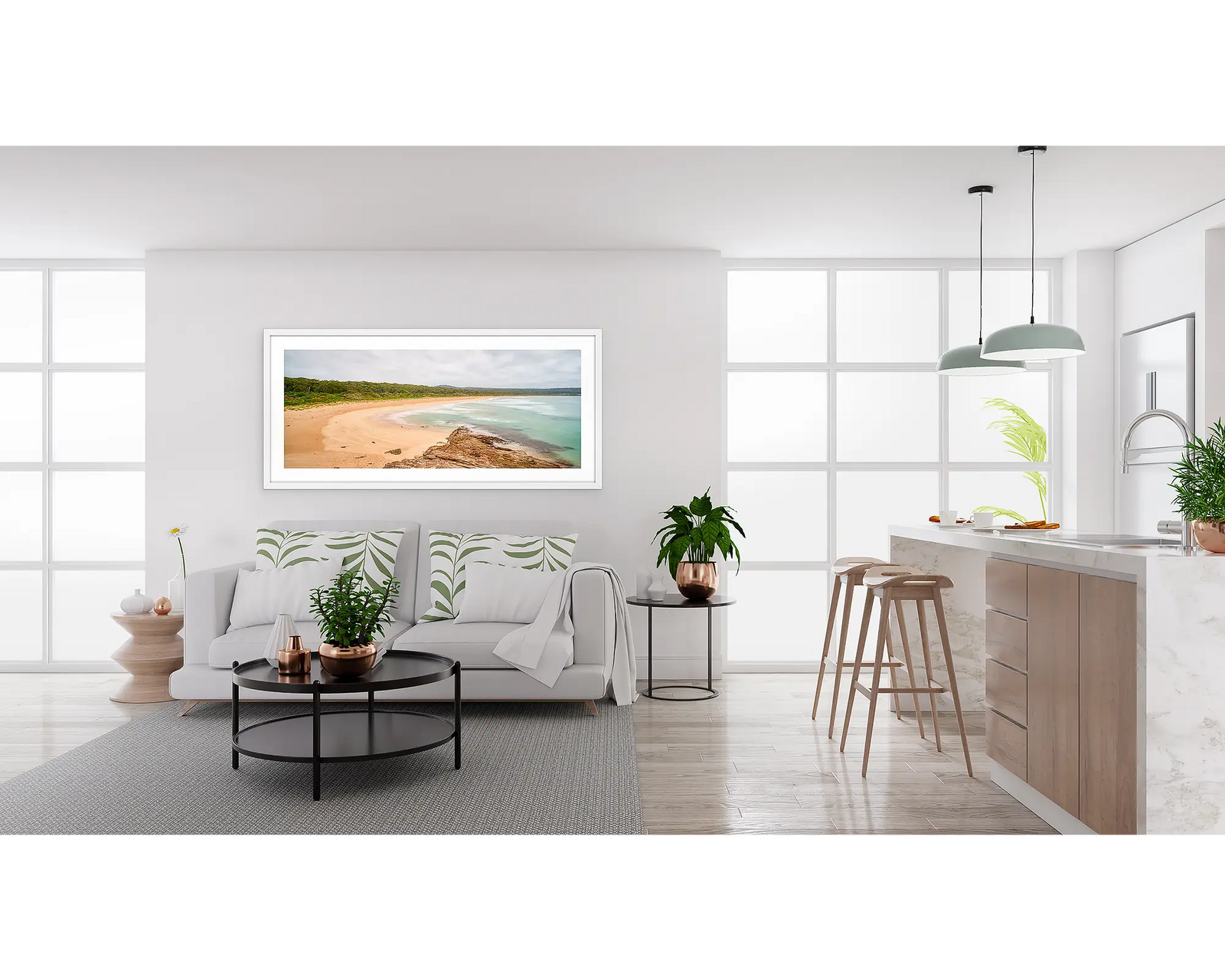 Framed photographic print of a coastal scene of South Durras beach with grey cloud and turquoise waters. 