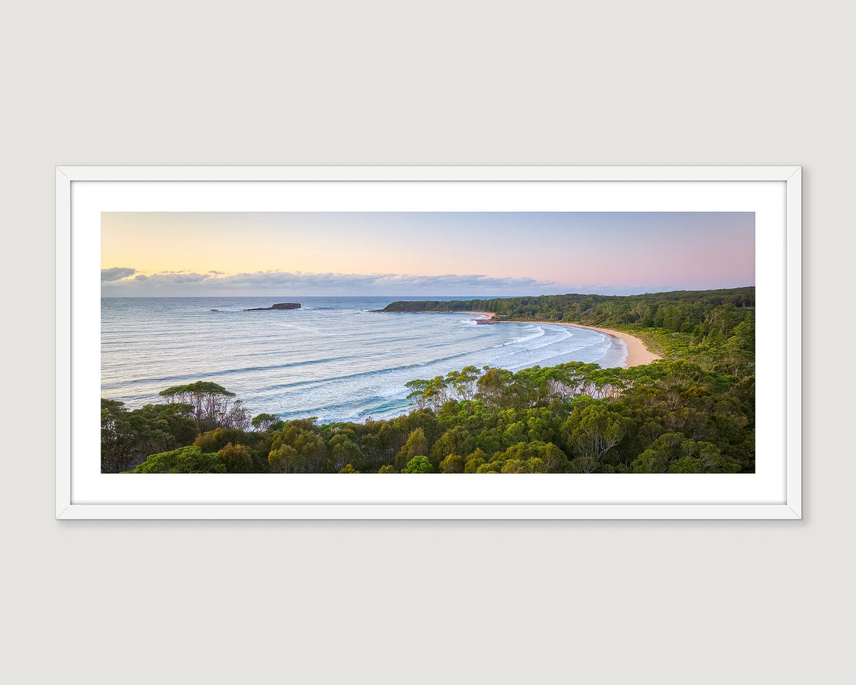 Framed coastal wall art print of Cookies beach at sunrise, Durras. 