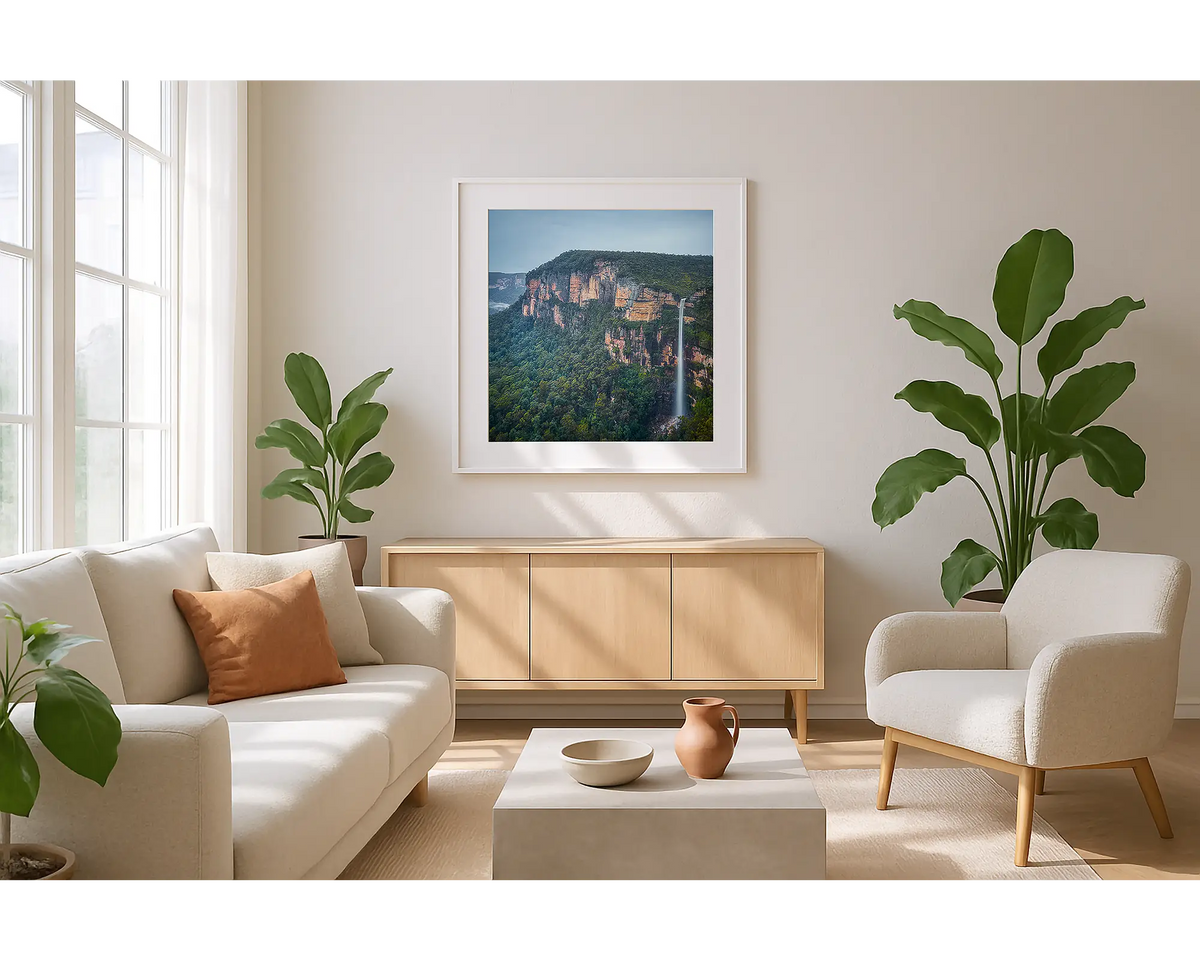 Edge of Time. Wall art print of Bridal Veil Falls, Blue Mountains, with a white frame hung in a sunlit lounge. 