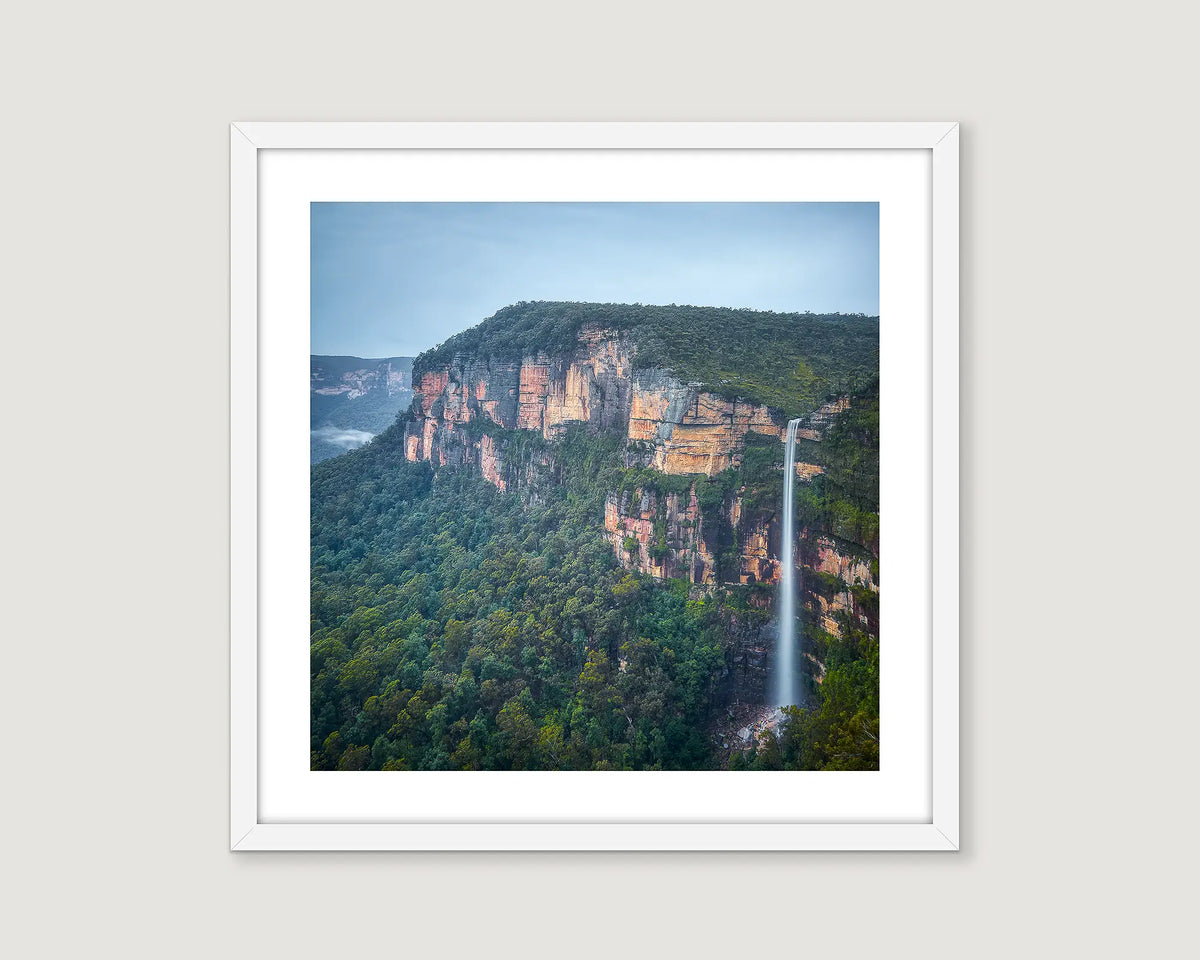Framed aerial photographic wall art print of Bridal Veil Falls in the Blue Mountains. 