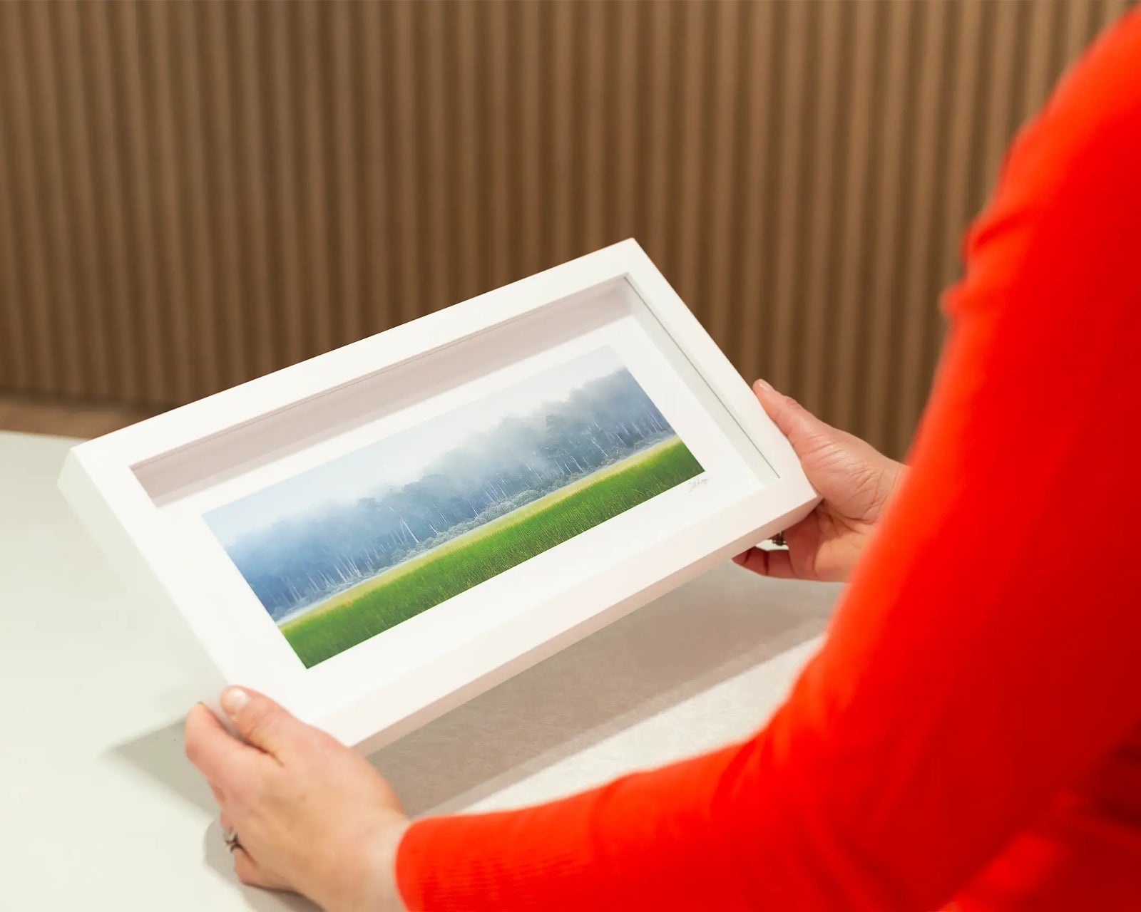 Framed photographic print of Lake St Clair, at the edge of bushland, veiled by mist.