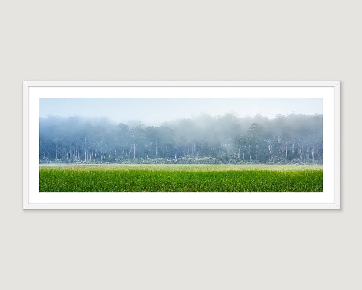 Framed photographic print of Lake St Clair, at the edge of bushland, veiled by mist.