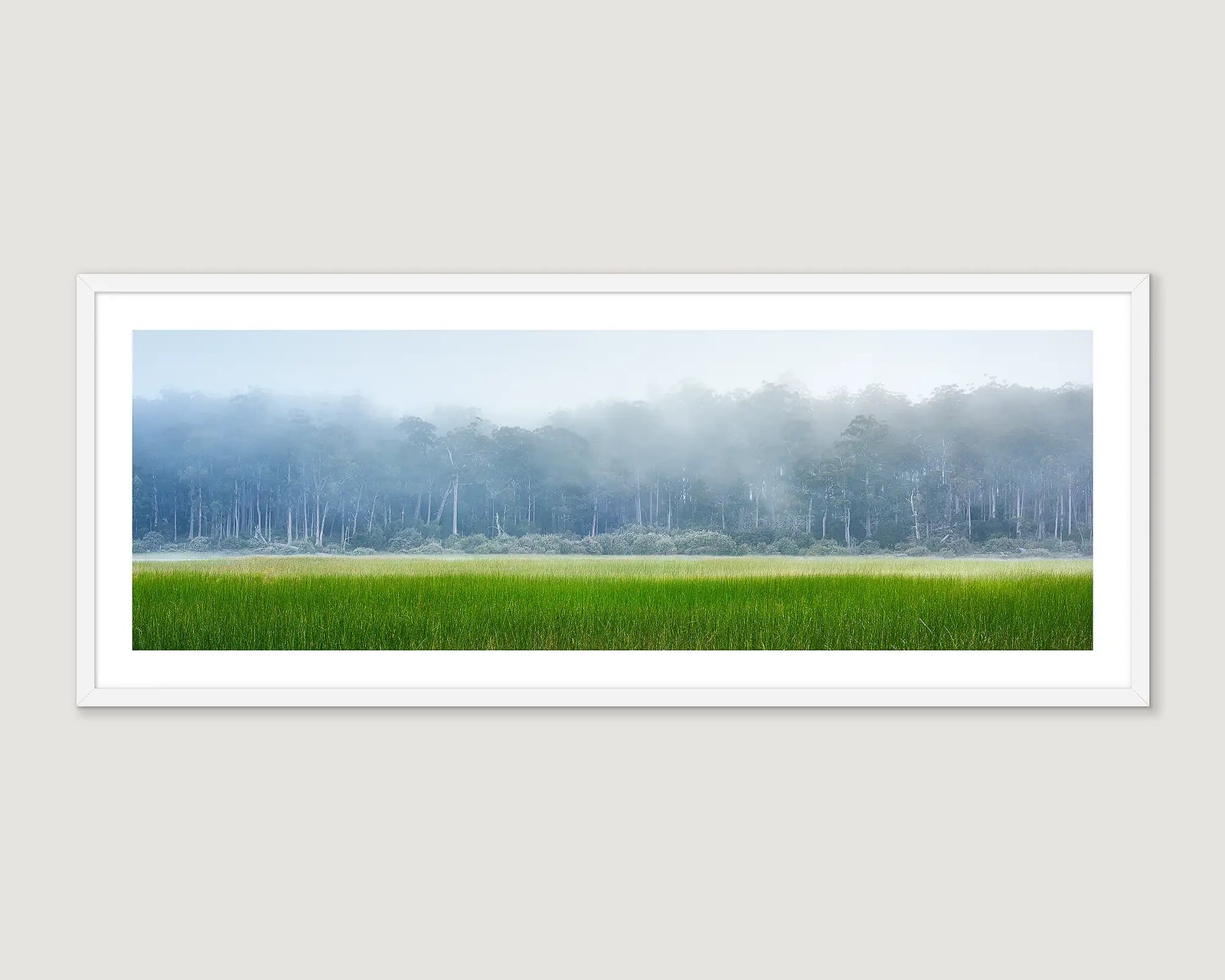 Framed photographic print of Lake St Clair, at the edge of bushland, veiled by mist.