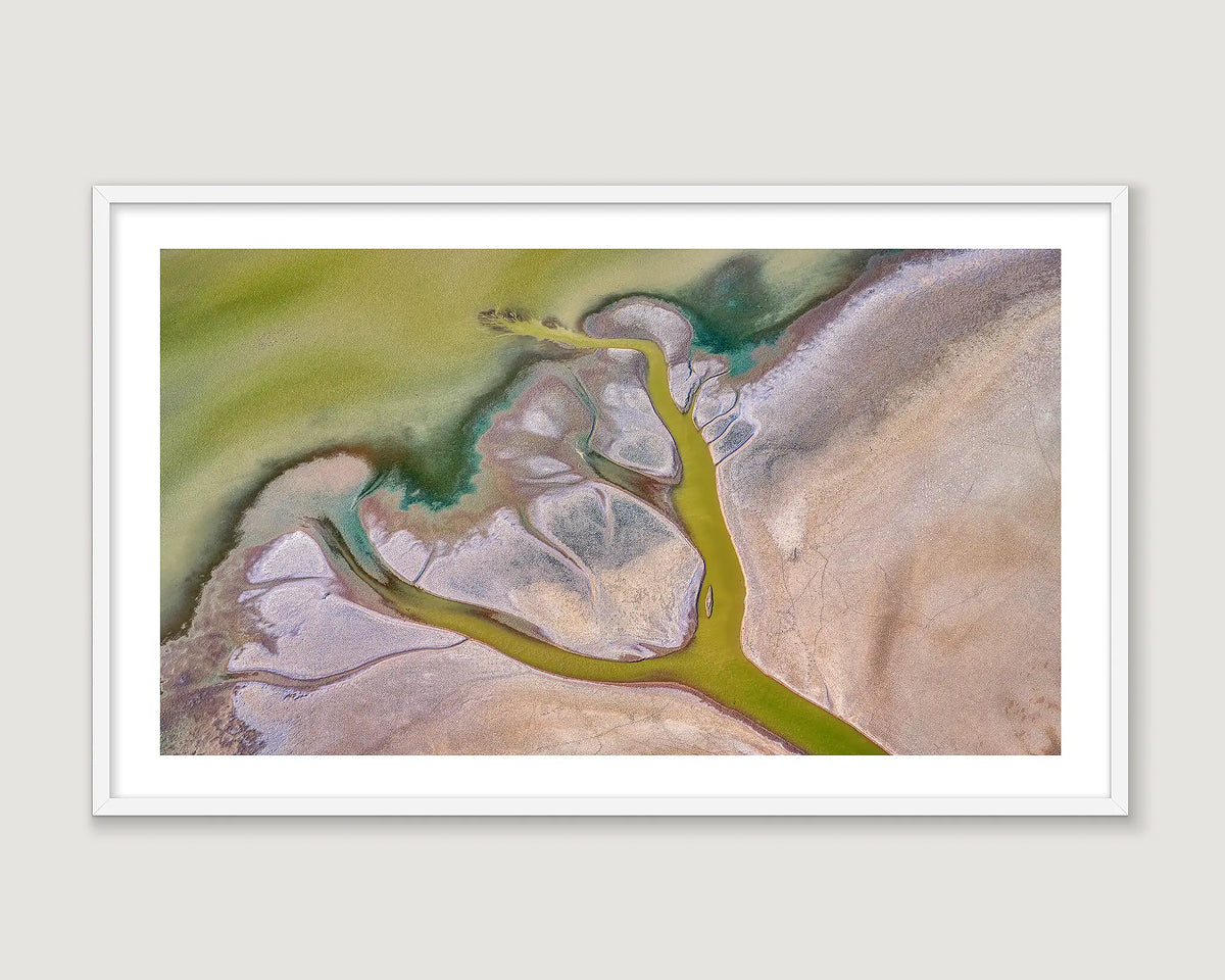 Framed aerial wall art of flood plain patterns of the King River. 