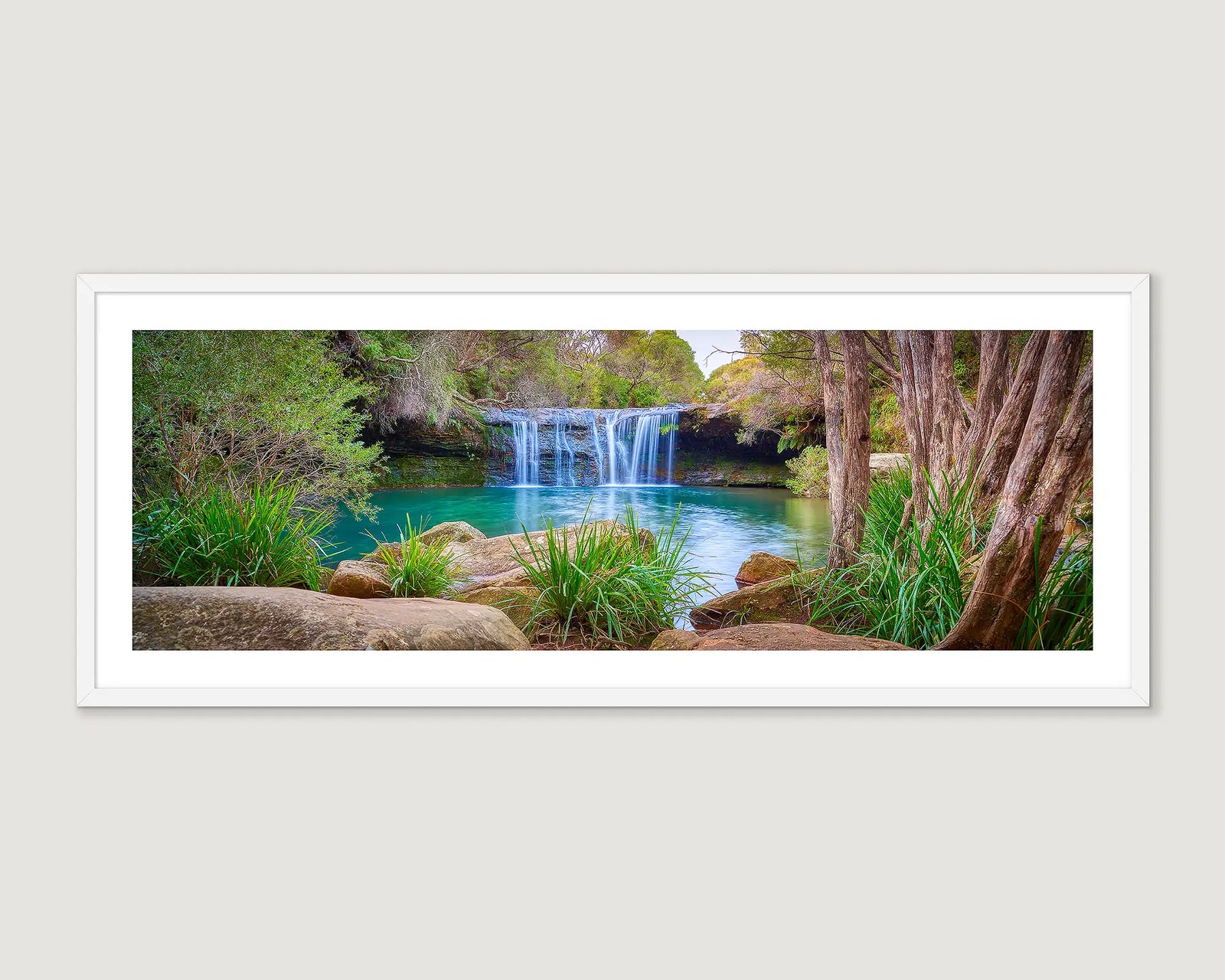 Framed wall art print of a waterfall and rock pool in the Budderoo National Park. 