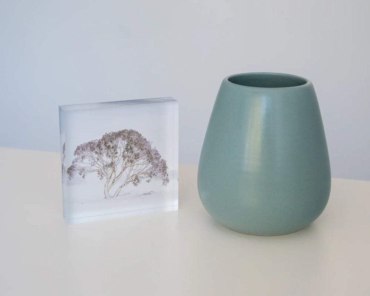 Enduring The Freeze. Acrylic block of single snow gum in snow storm Charlotte Pass, Kosciuszko National Park, styled with a small vase.