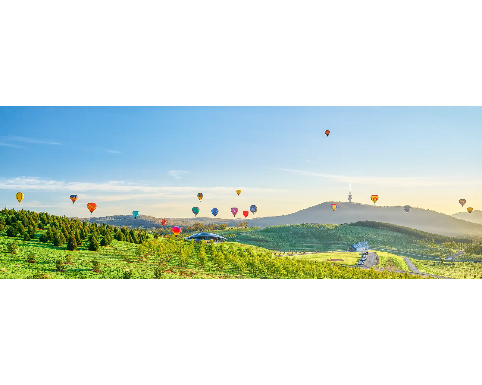 Enlighten. Acrylic block of hot air balloons at sunrise over the National Arboretum. Canberra artwork.