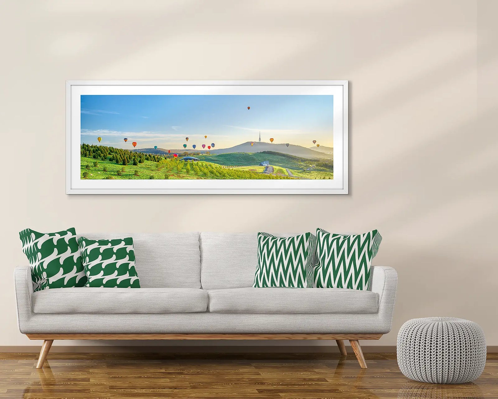 Enlighten. Balloons at sunrise over the National Arboretum during Balloon Spectacular Enlighten Festival, Canberra.