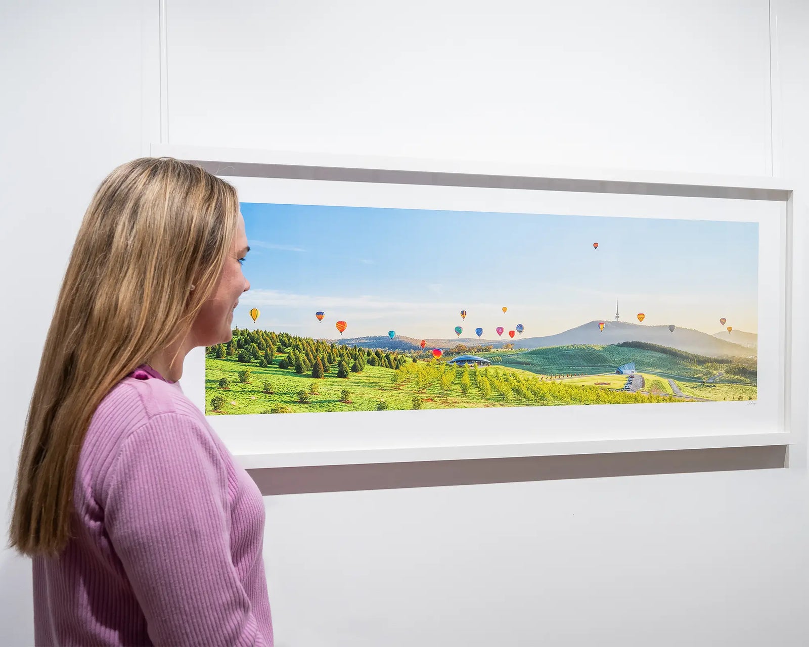 Framed photograph of balloons over the arboretum at sunrise with Black Mountain on the horizon. 