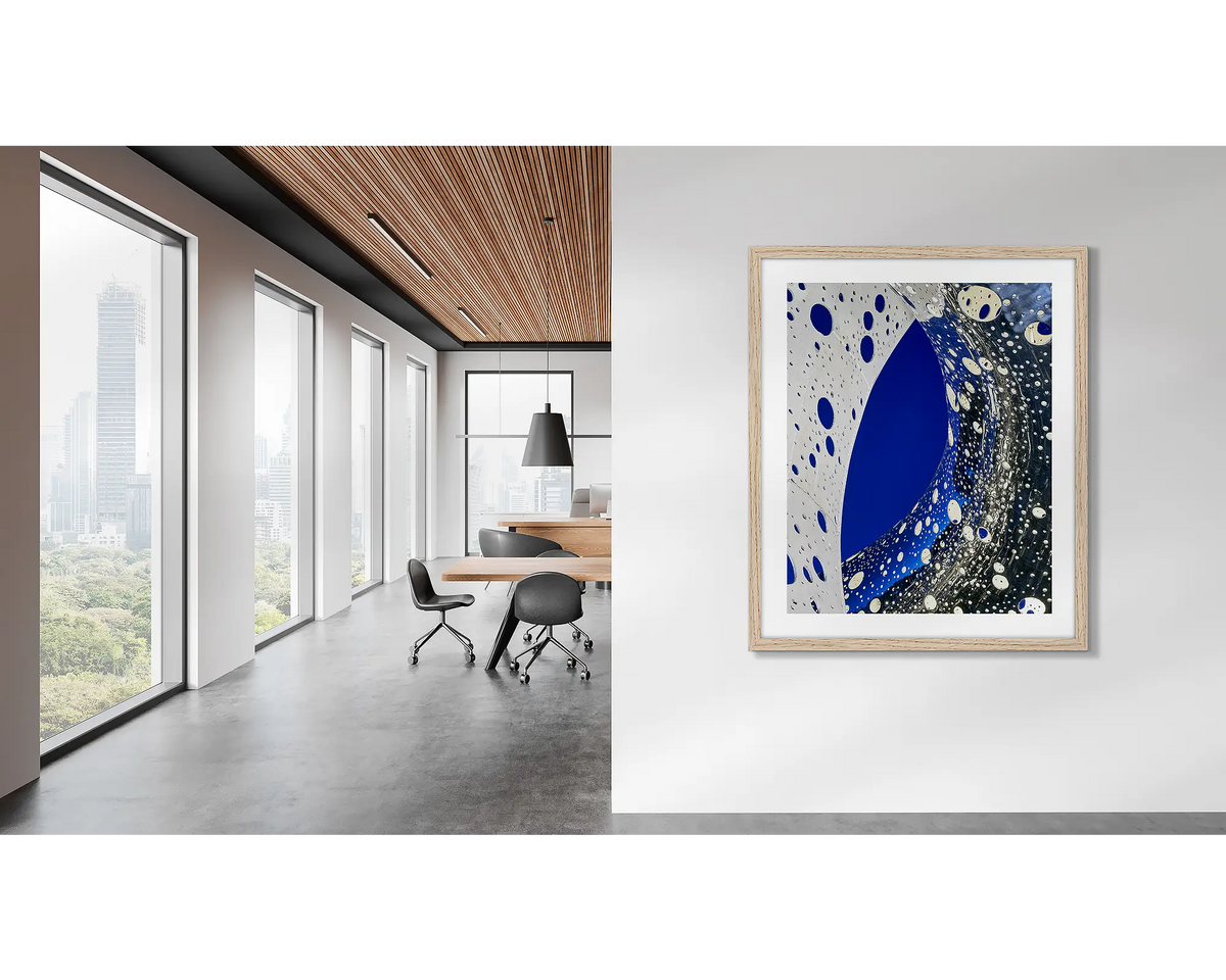 Entwine. Wall art print of the Ouroboros sculpture, framed in a timber frame, and hung in a corporate office. 