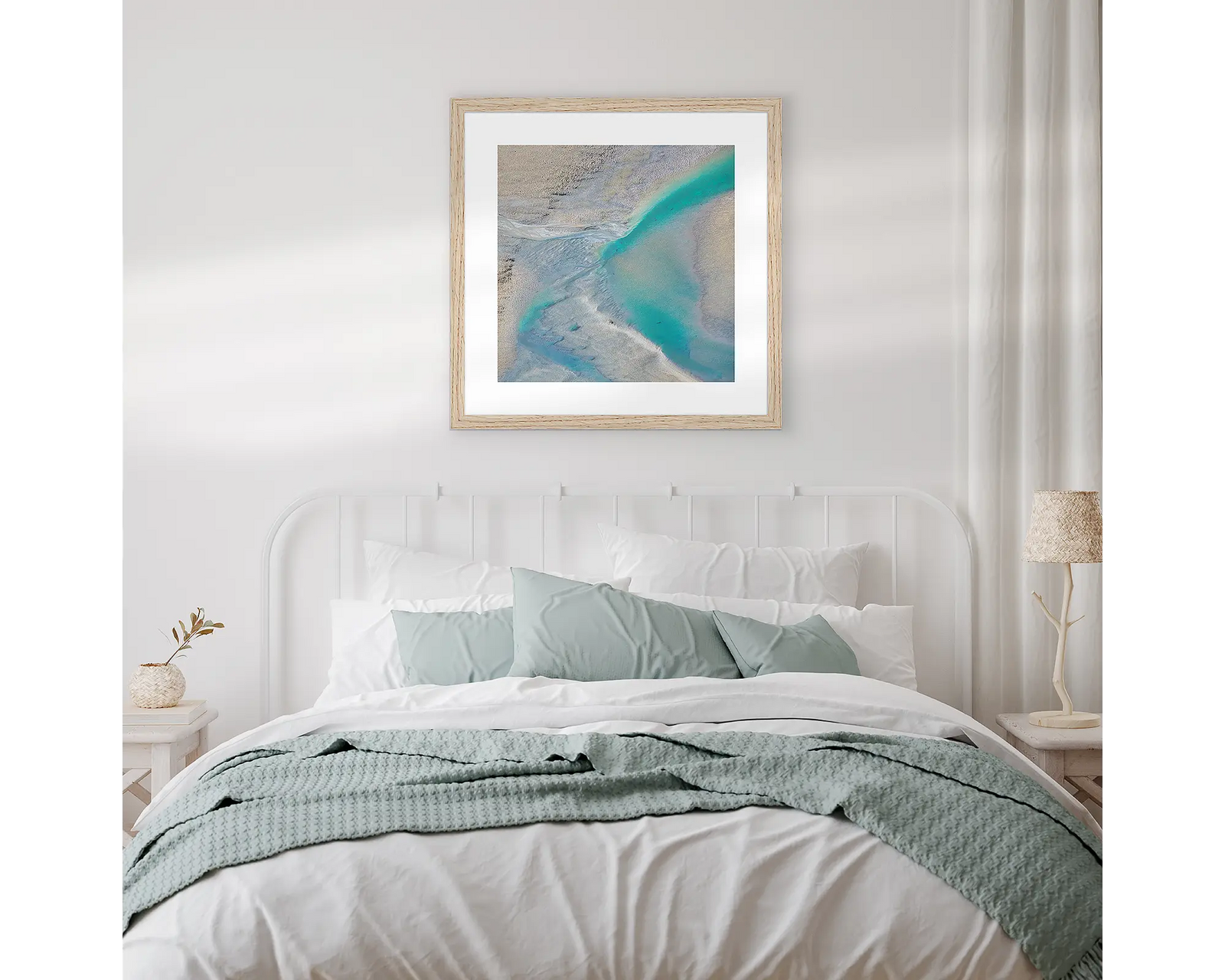 Framed photographic aerial view of the tidal patterns of Roebuck Bay, the Kimberley. 