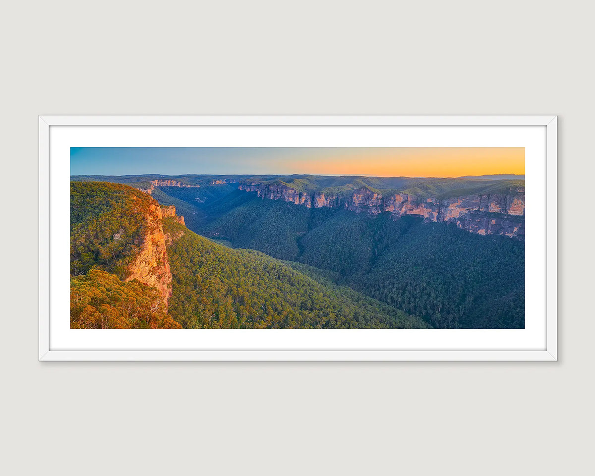 Framed aerial photograph of the Blue Mountains at sunrise. 