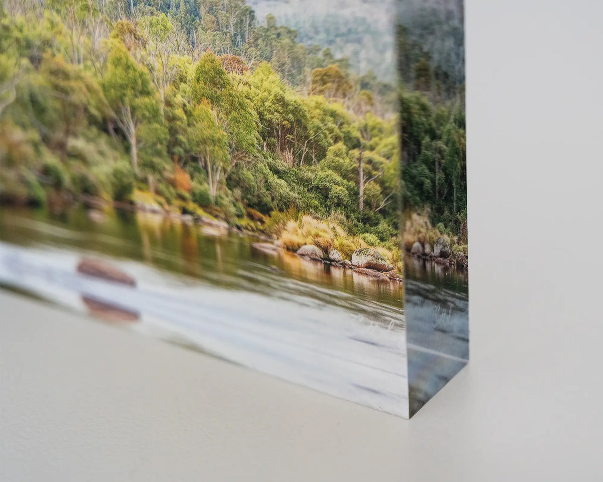 Escape to Nature. Acrylic block Thredbo River Kosciuszko National Park, corner close-up details.