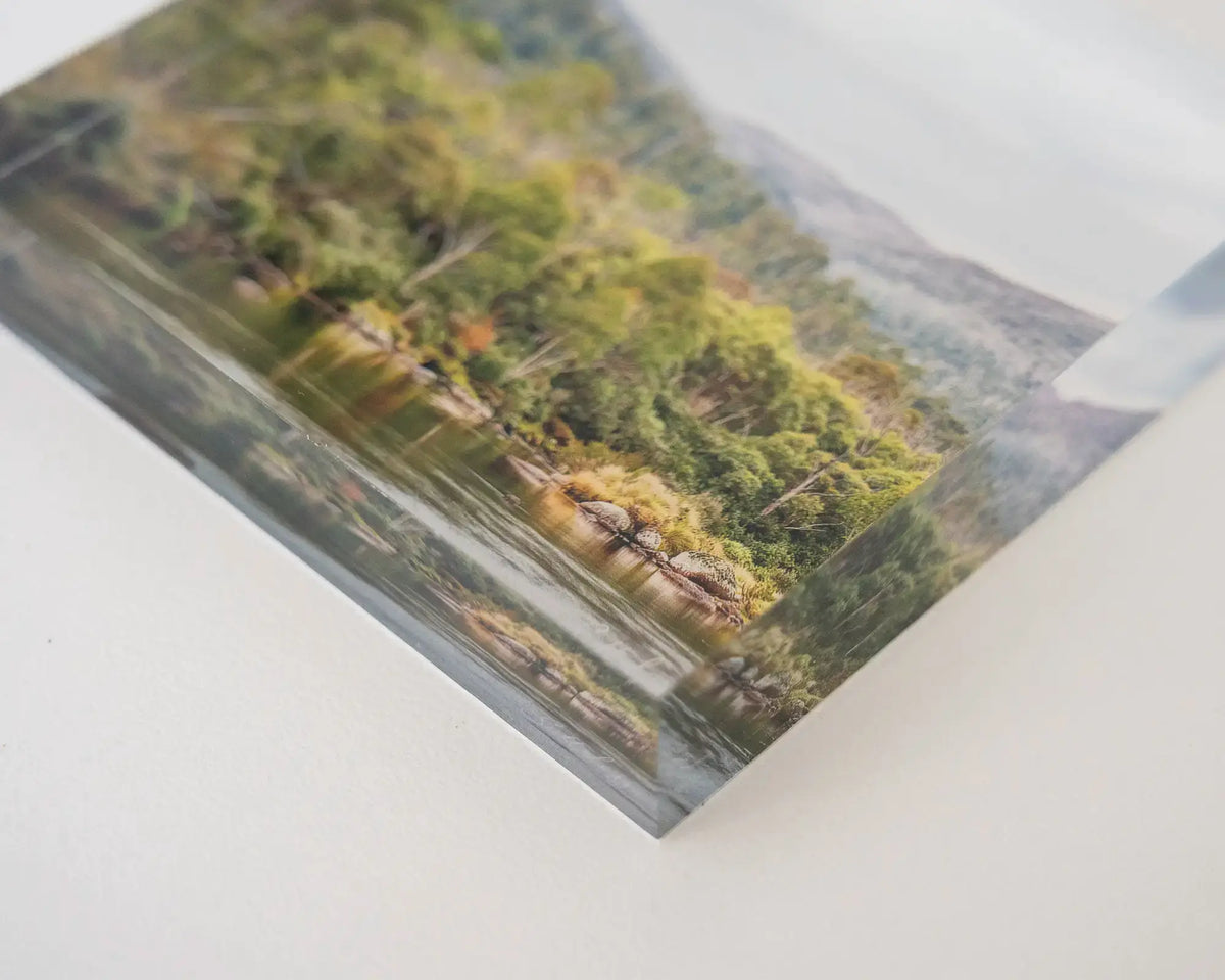 Escape to Nature. Acrylic block Thredbo River Kosciuszko National Park, laying flat on desk