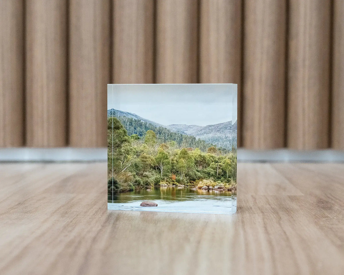 Escape to Nature. Acrylic block Thredbo River Kosciuszko National Park, on gallery floor.