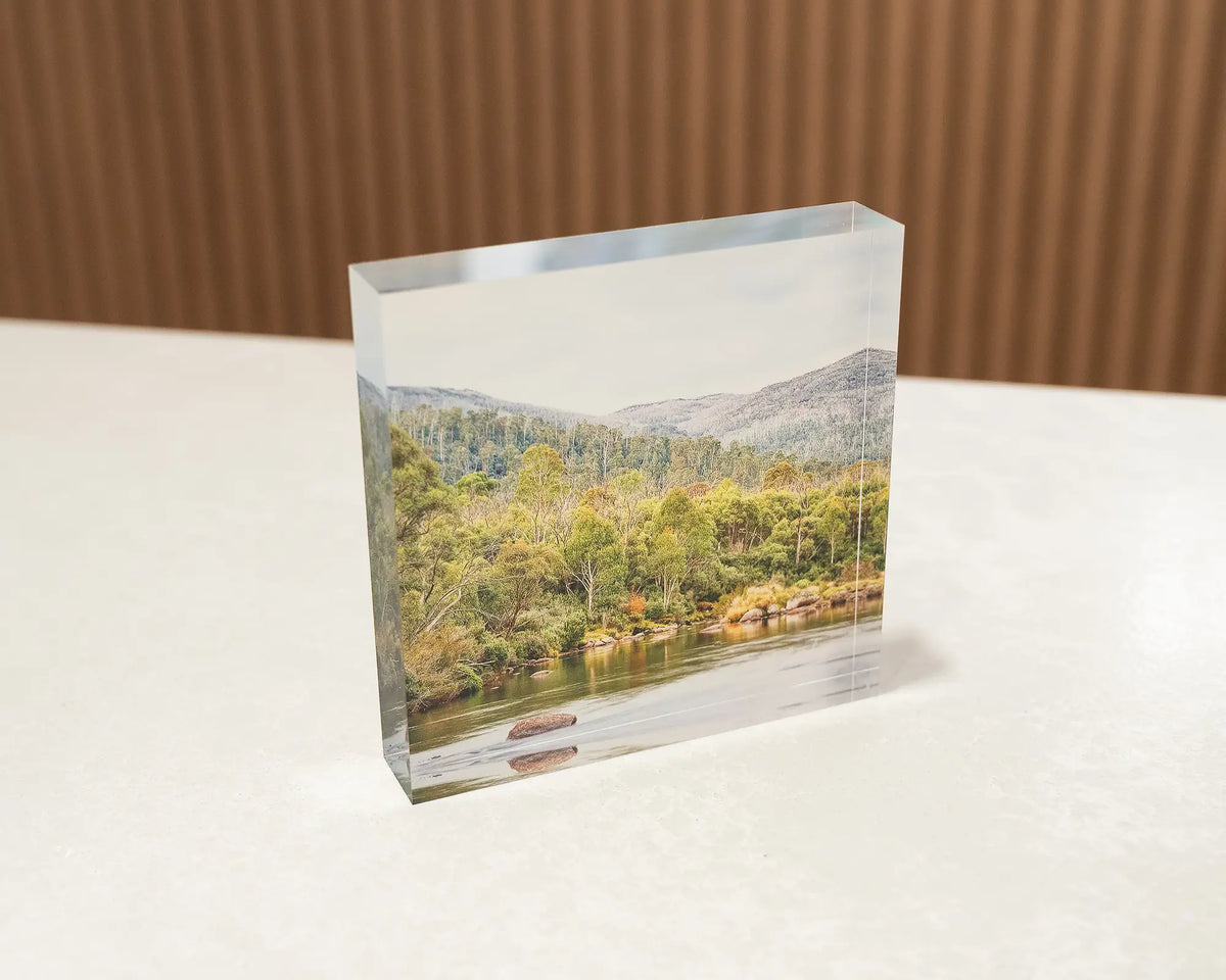 Escape to Nature. Acrylic block Thredbo River Kosciuszko National Park, sitting on desk.