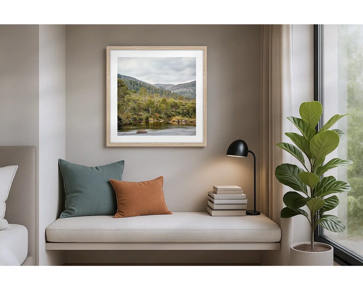 Escape to Nature. Framed wall art print of Thredbo River, Kosciuszko National Park,  with a timber frame in an apartment. 