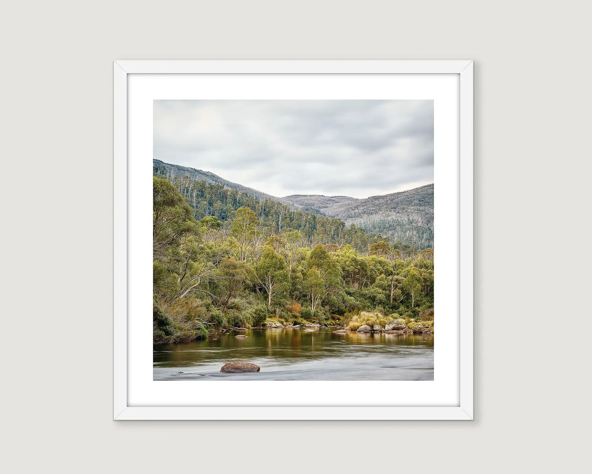 Framed wall art print of the Thredbo River in Kosciuszko National Park. 