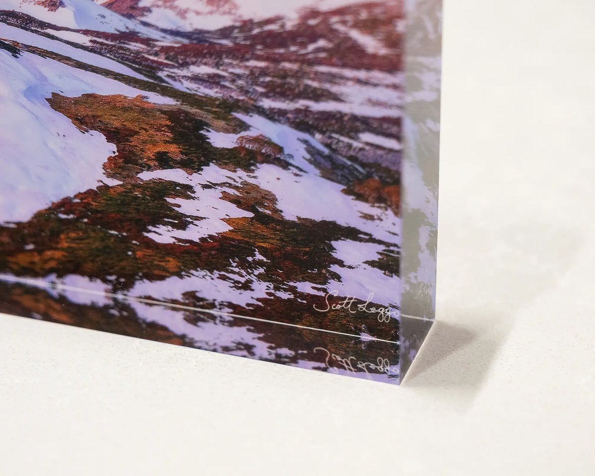 Escape To The Mountains. Acrylic block of sunset over Kosciuszko National Park, corner close-up details.
