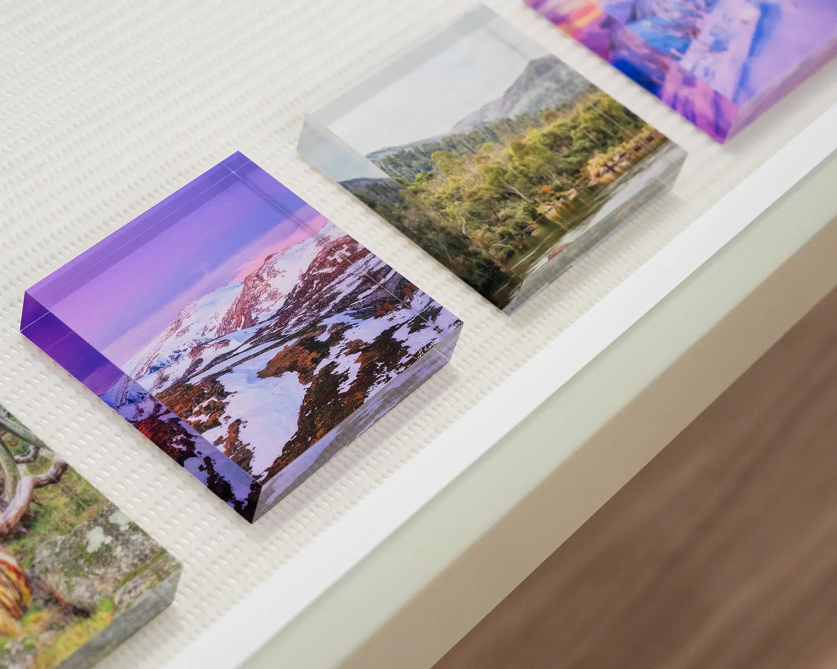 Escape To The Mountains. Acrylic block of sunset over Kosciuszko National Park, on display in gallery drawer.