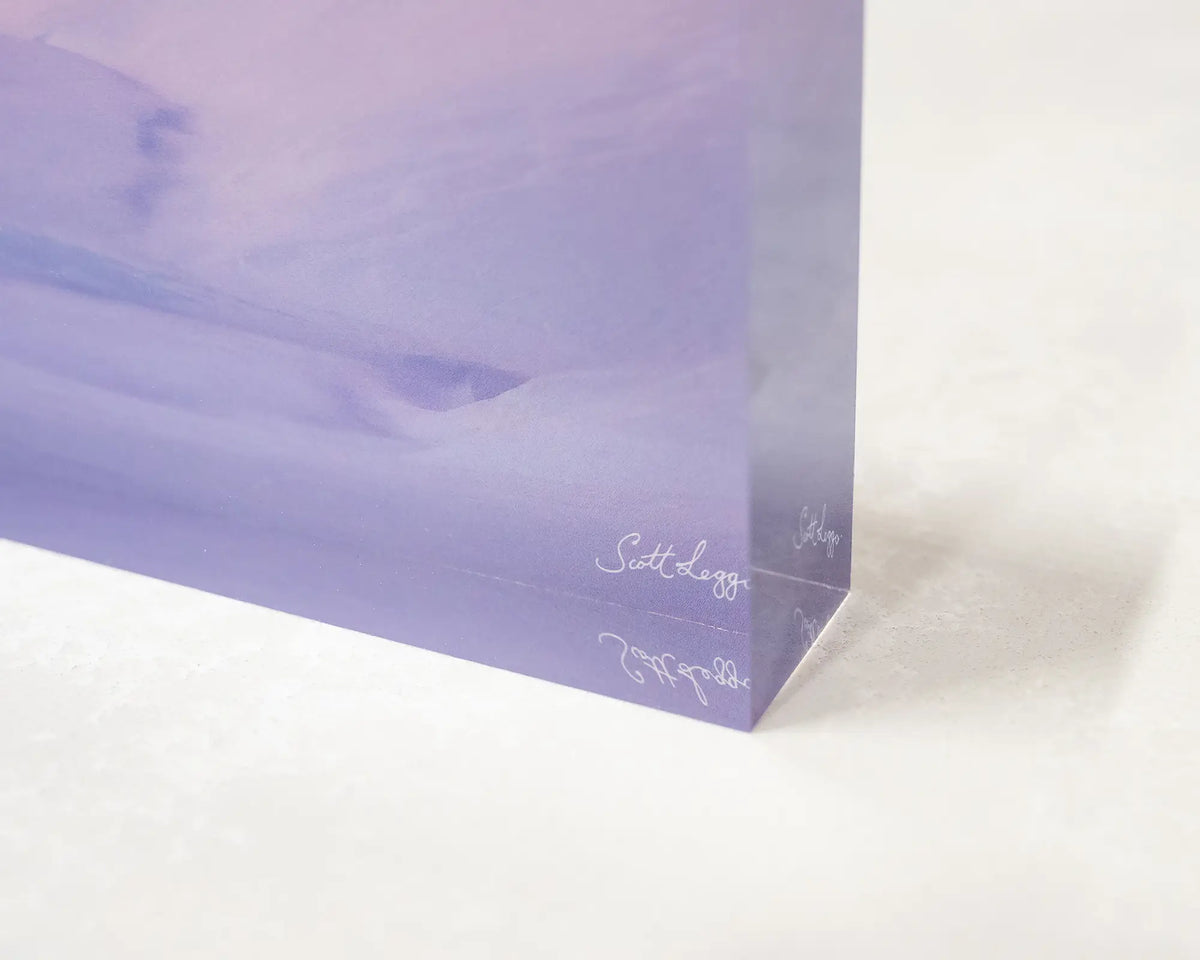 Essence of the Snowy. Acrylic block of sunset over snow covered mountains, Kosciuszko National Park, close-up corner details.