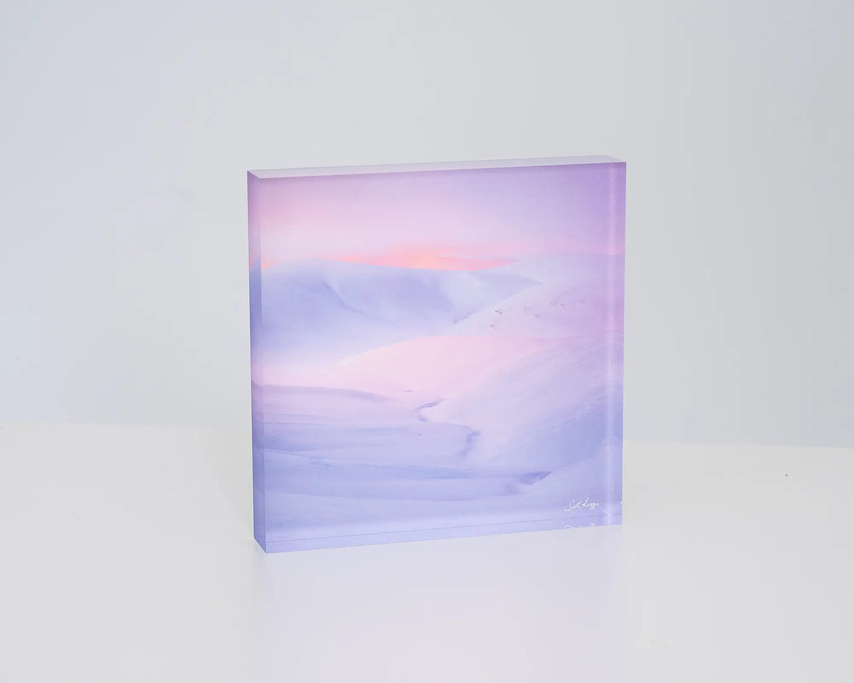 Essence Of The Snowy. Acrylic block of sunset over snow covered mountains, Kosciuszko National Park.