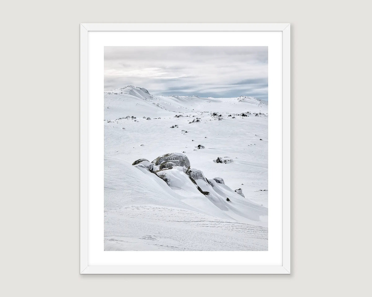 Framed wall art of a blanket of snow on Ethridge Ridge, Kosciuszko National Park. 