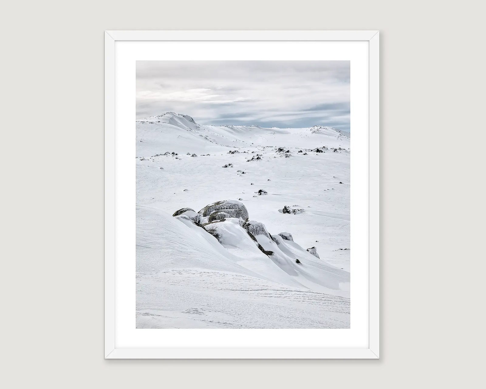 Framed wall art of a blanket of snow on Ethridge Ridge, Kosciuszko National Park. 