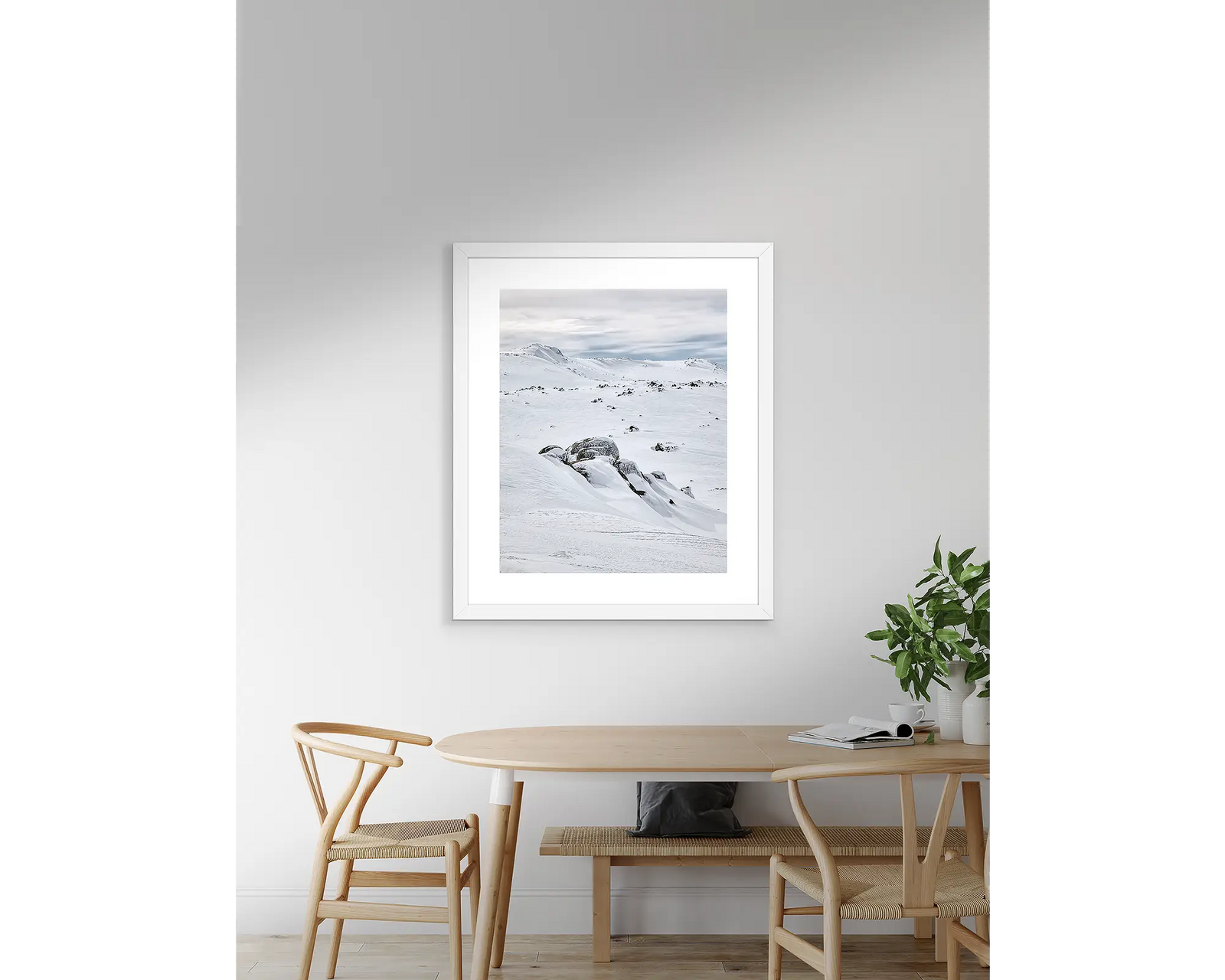 Framed wall art of a blanket of snow on Ethridge Ridge, Kosciuszko National Park. 