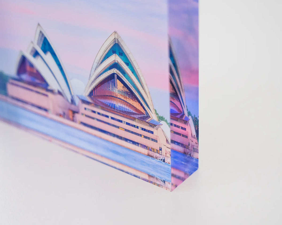 Evening At The Opera. Acrylic block of Sydney Opera House at sunset, corner details.