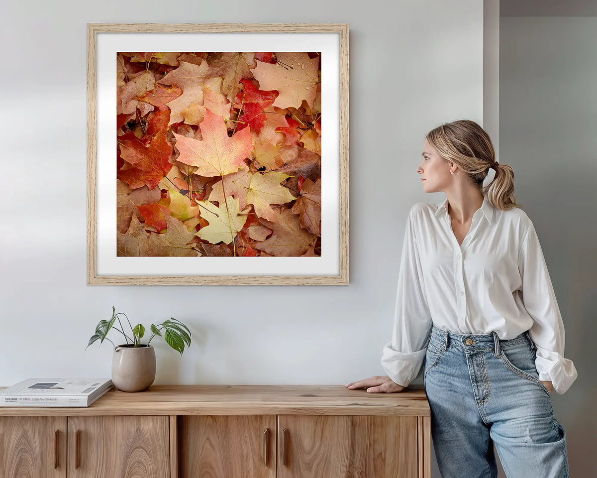 Fallen. Wall art print with timber frame featuring autumn leaves in Bright Victoria, hung above a side table.