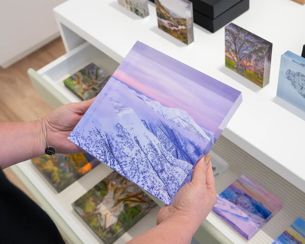 Feathertop Dusk. Acrylic block of Mount Feathertop National Park, Victoria, being hand held.