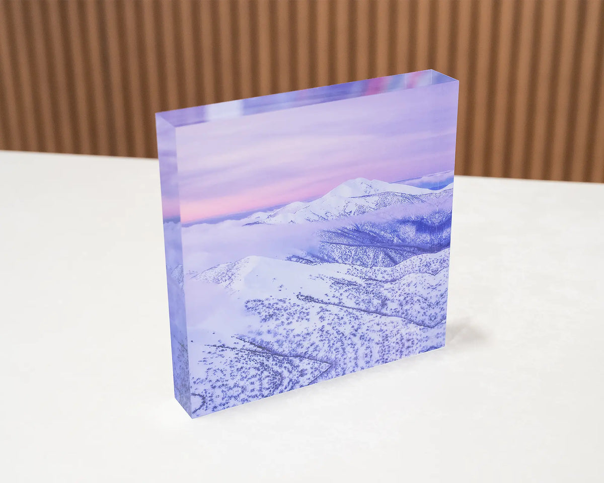 Feathertop Dusk. Acrylic block Mount Feathertop National Park, Victoria, sitting on a desk.