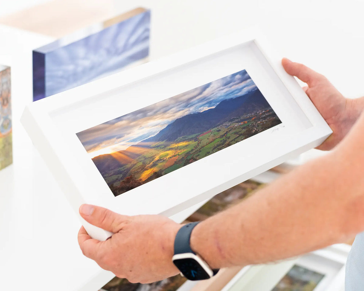 Fingers Of Light - Artwork in white frame featuring sunrise over Mount Beauty, Victoria.