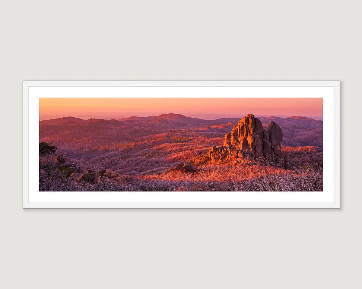 Framed wall art print of a bush fire sunset over the Cathedral, Mount Buffalo. 