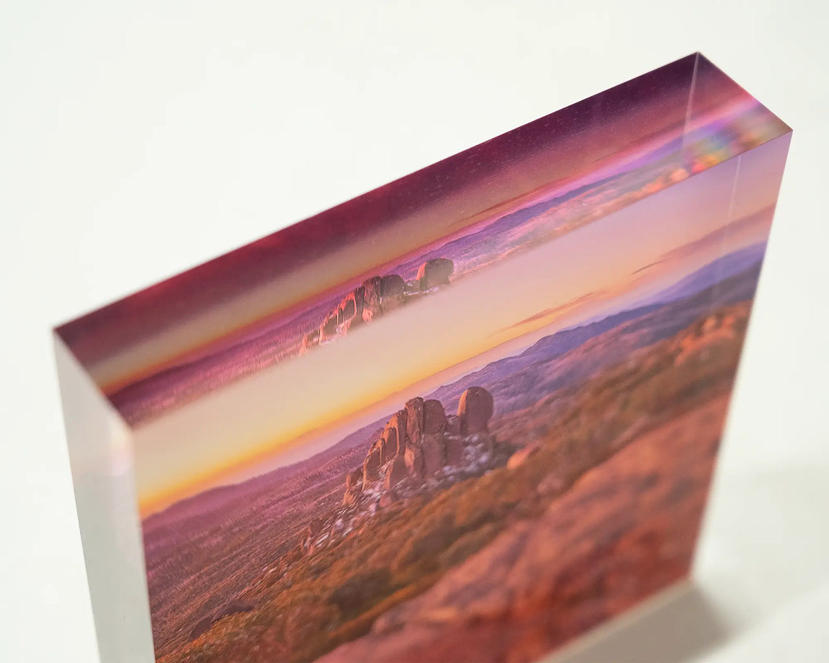 First Snow. Acrylic block of the first snow of winter on the Cathedral, Mount Buffalo Victoria, close-up image showing 3D effect.