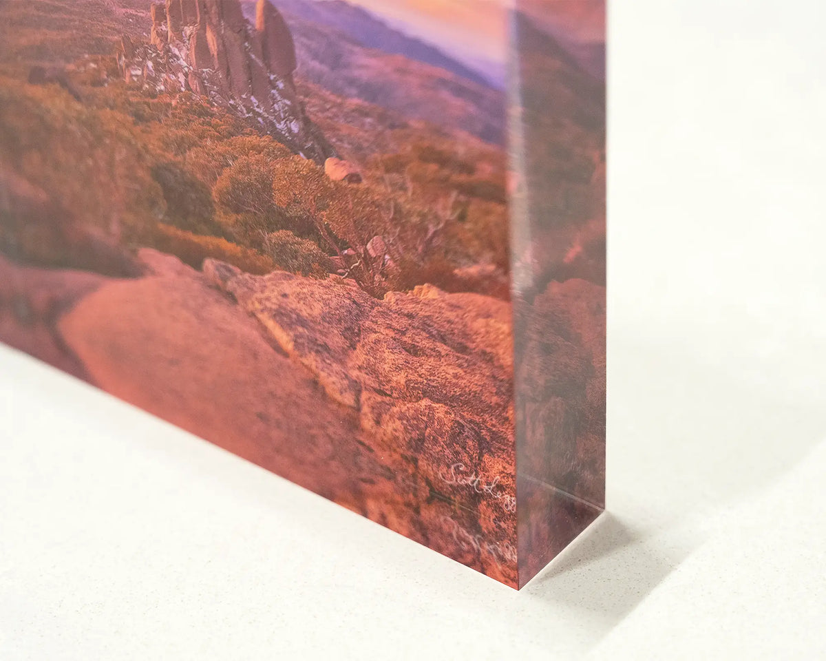 First Snow. Acrylic block of the Cathedral, Mount Buffalo Victoria, corner close-up image.
