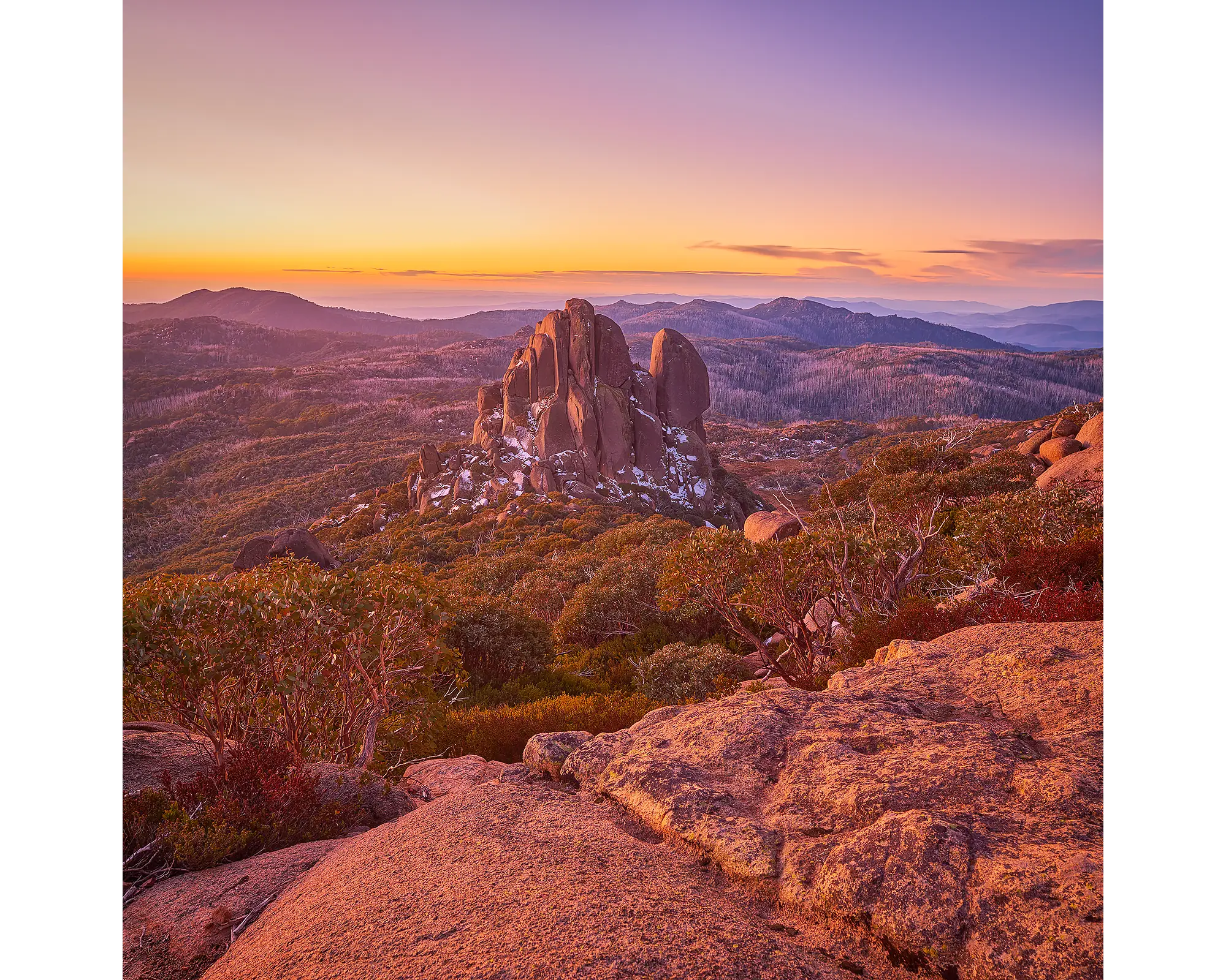 First snow on the Cathedral, Mount Buffalo National Park, Vicotria, Australia.