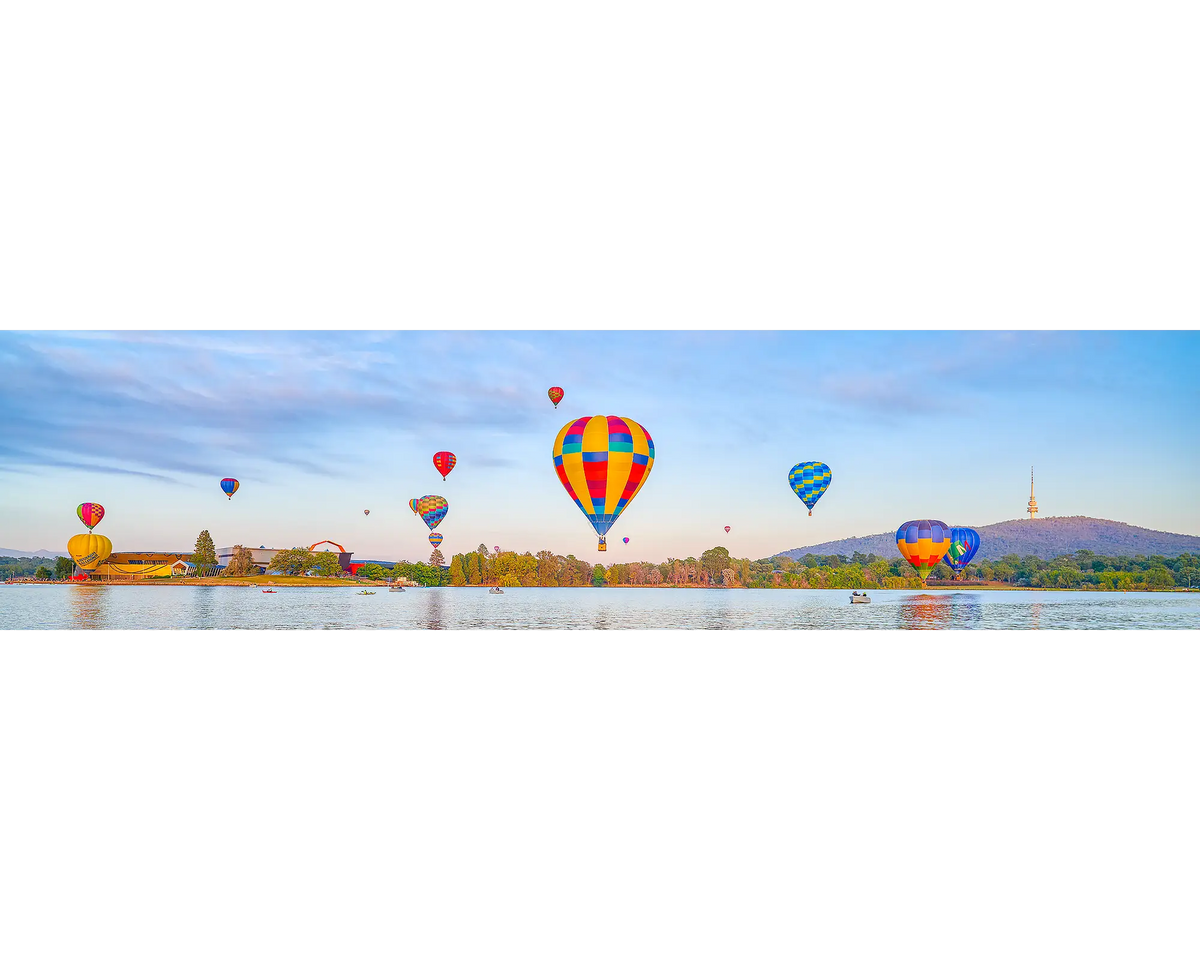 Floating. Hot air baloons over Canberra during Enlighten Festival, Balloon Spectacular, Canberra.