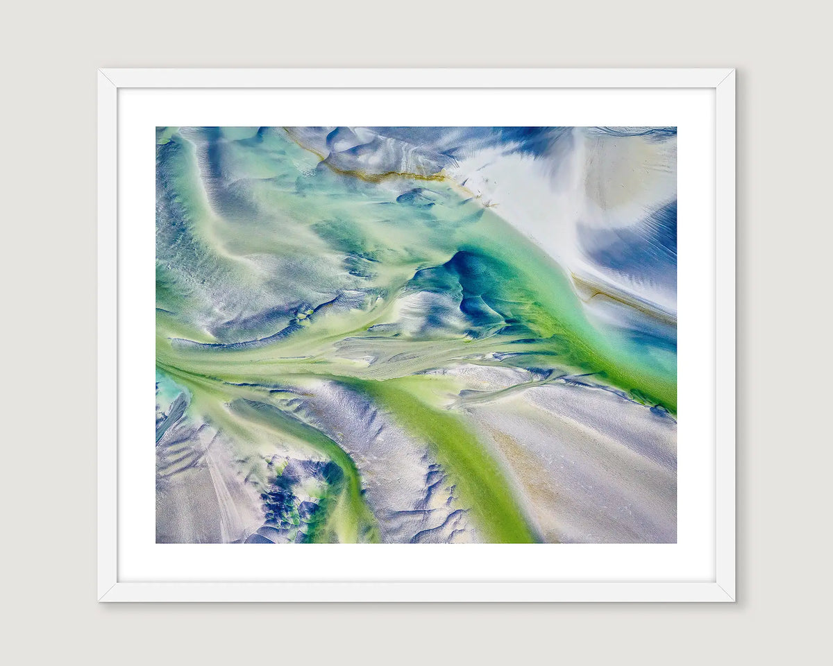 Framed abstract artwork of patterns in the sand created by tidal movements at Roebuck Bay. 