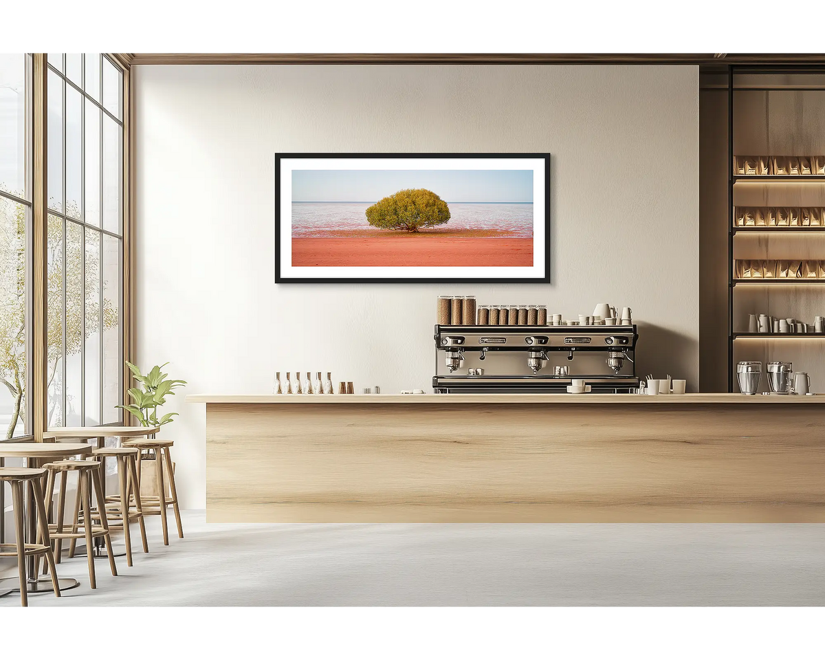 Focus. Broome Mangrove tree wall art print with a black frame hung in a cafe. 
