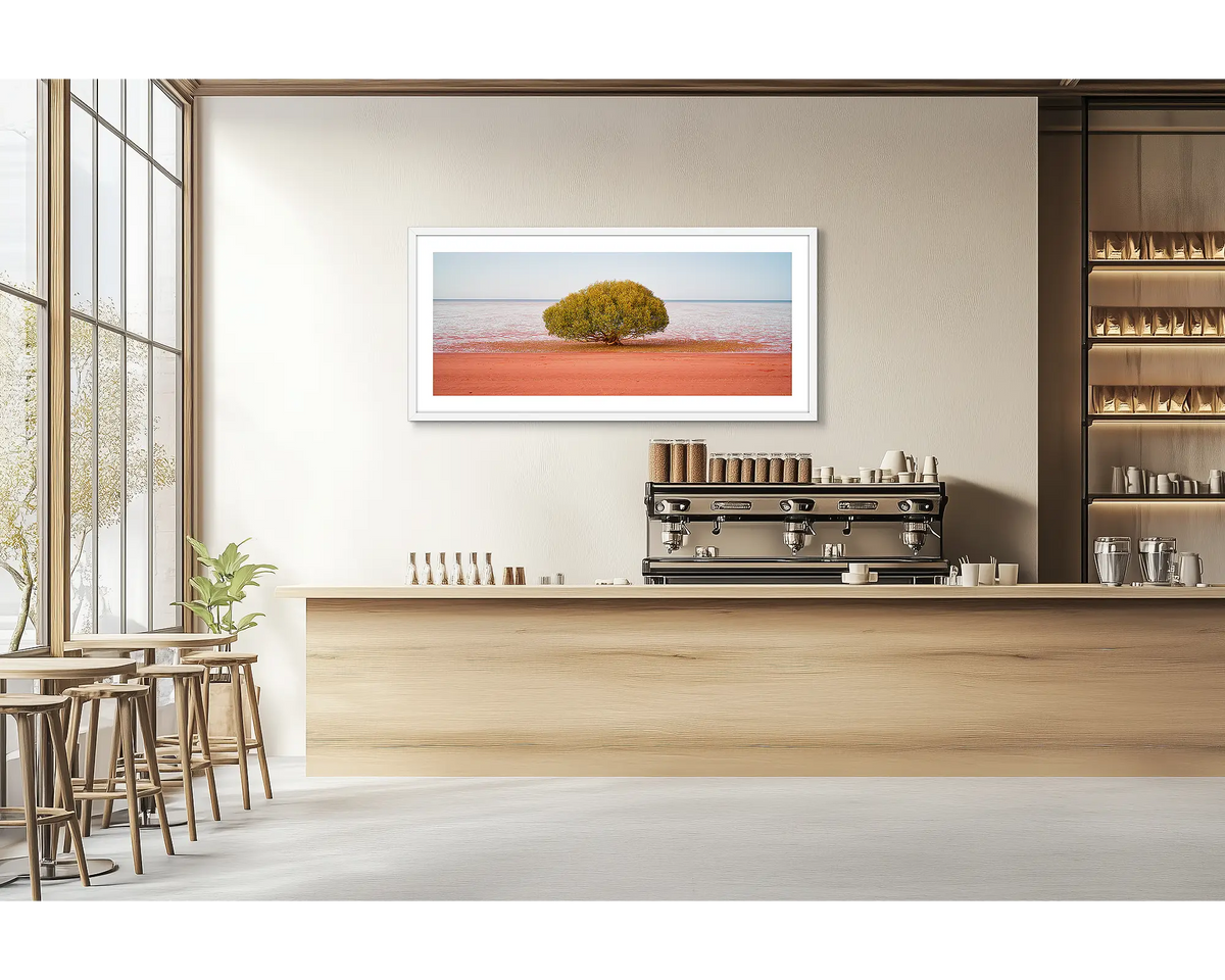 Focus. Broome Mangrove tree wall art print with a white frame hung in a cafe. 
