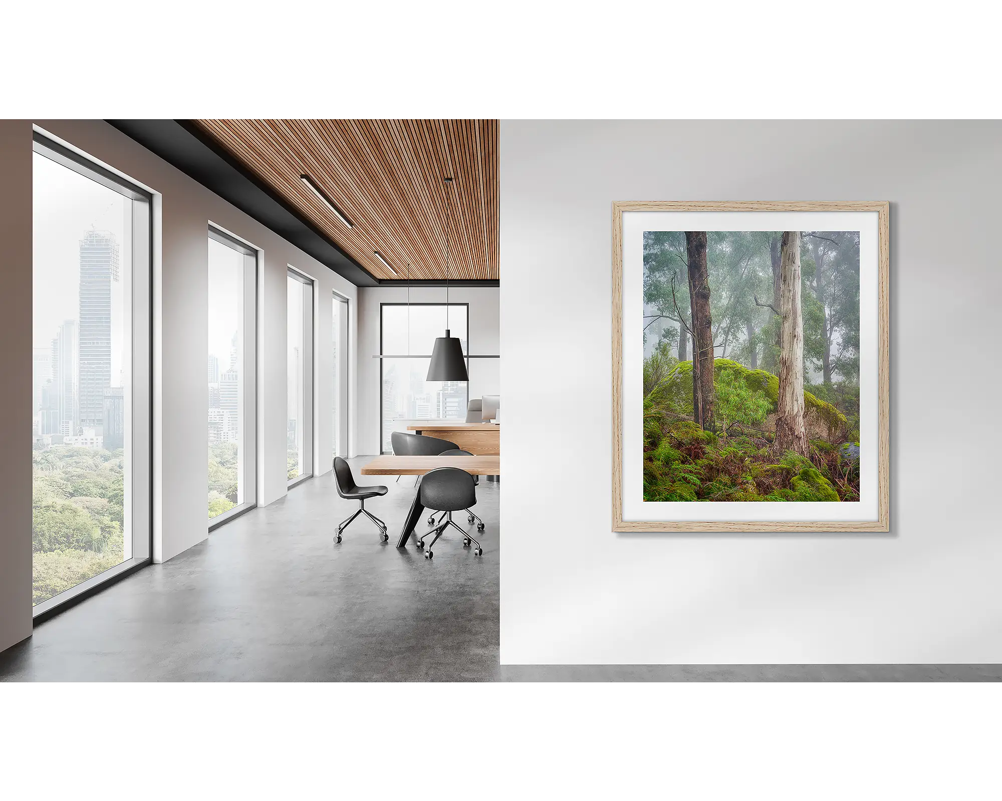 Forest Friends. Mount Buffalo wall art in an oak frame, on an office wall. 