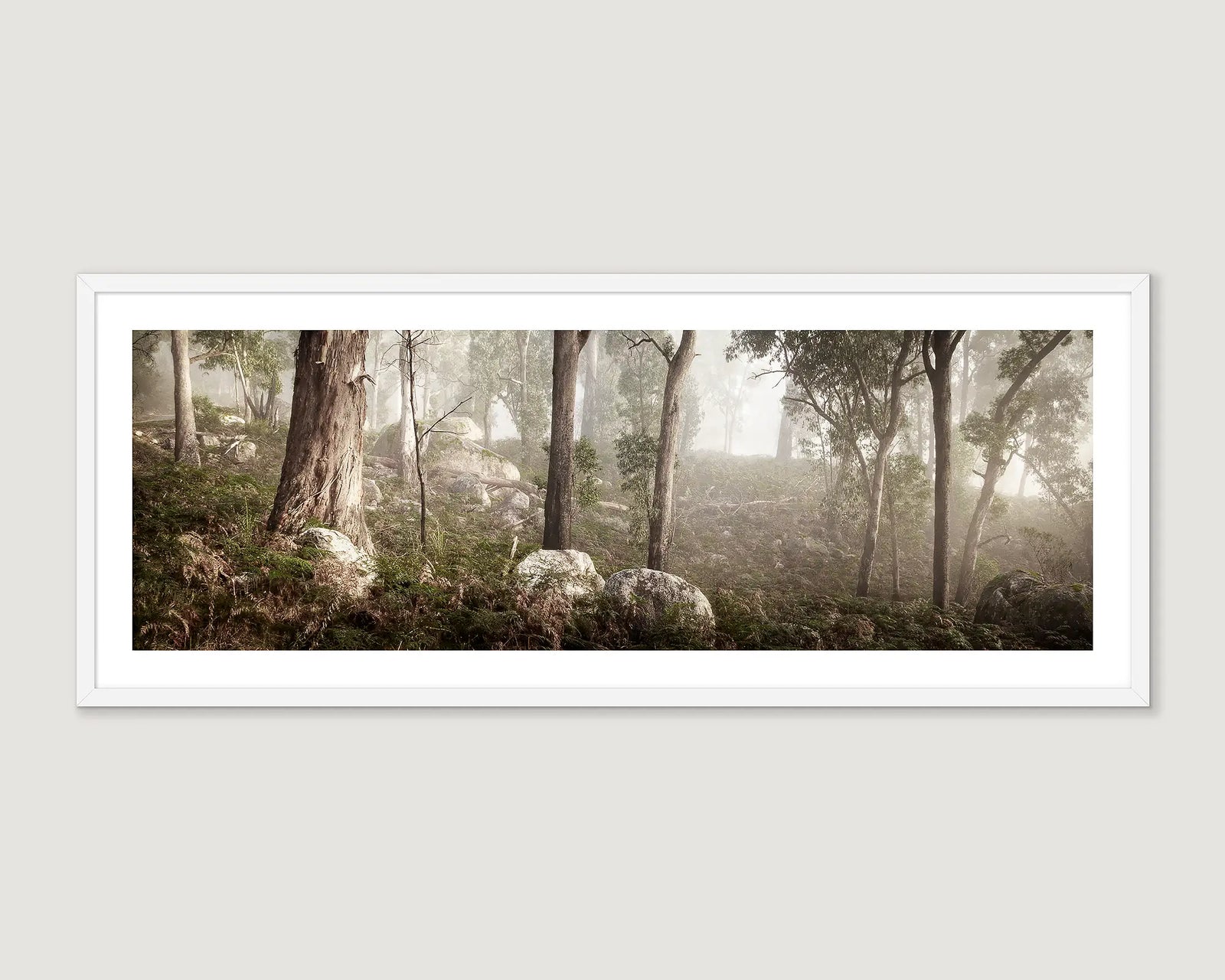 Framed photographic print of the bush in fog with granite boulders and gum trees, on Mount Buffalo. 