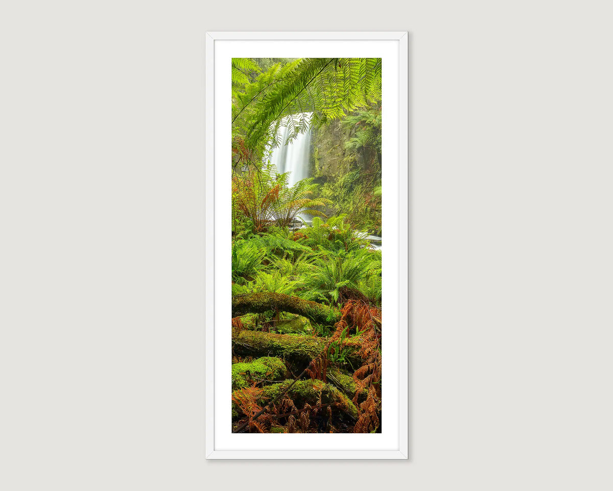 Framed wall art print of a waterfall in a lush green rainforest at Hopetoun Falls.